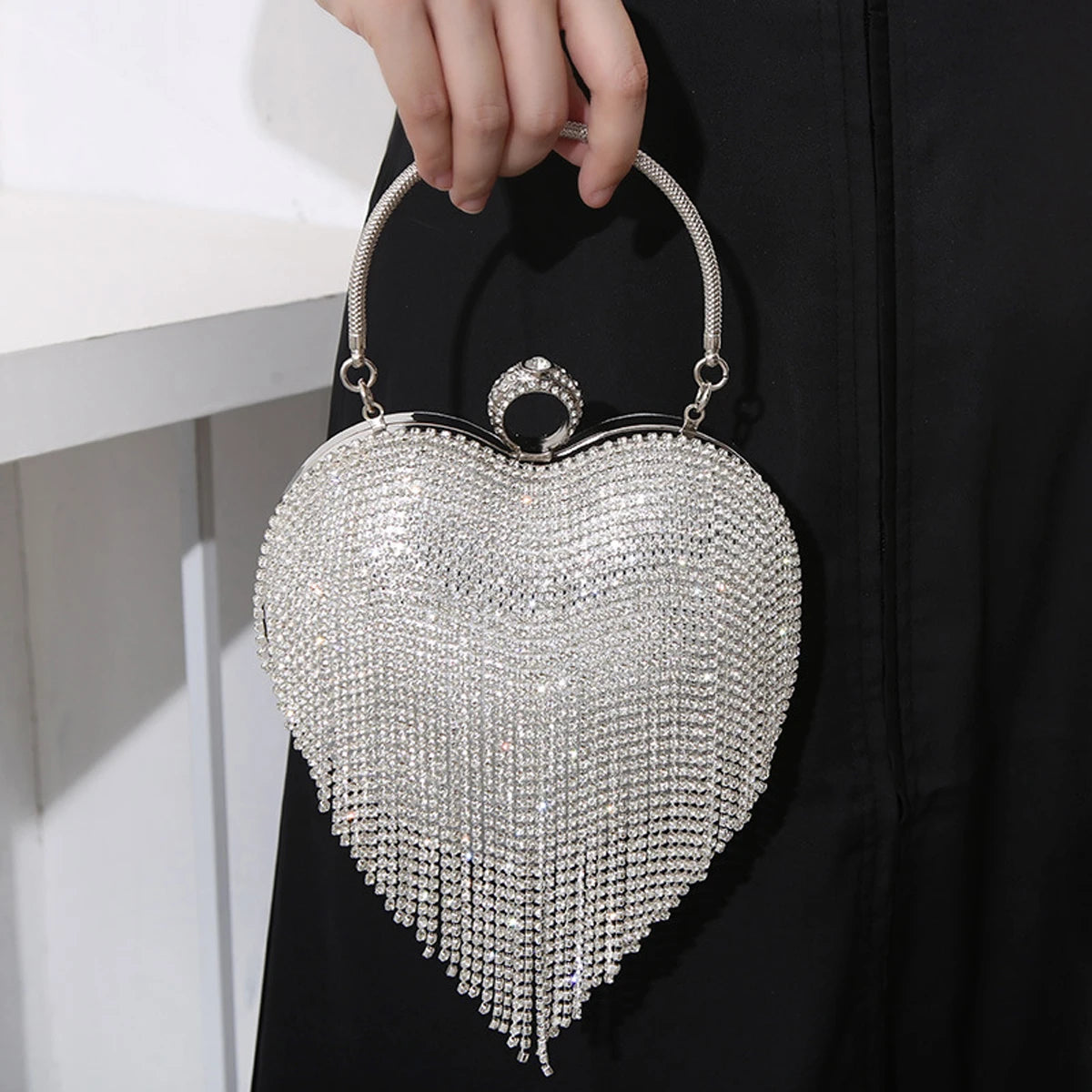 Rhinestone Fringe Heart Clutch