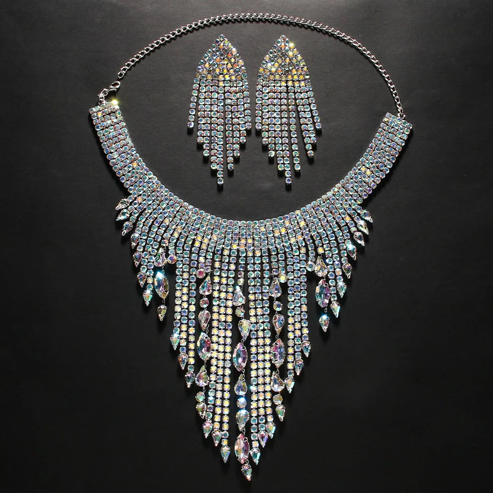 Rhinestone Fringe Earrings Choker Necklace Set