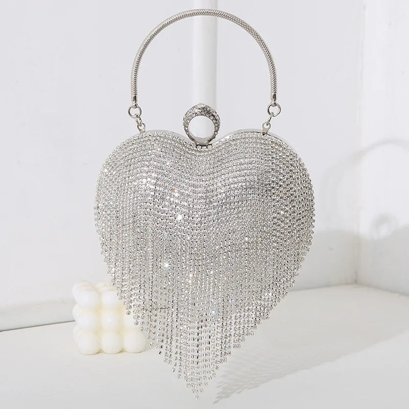 Rhinestone Fringe Heart Clutch