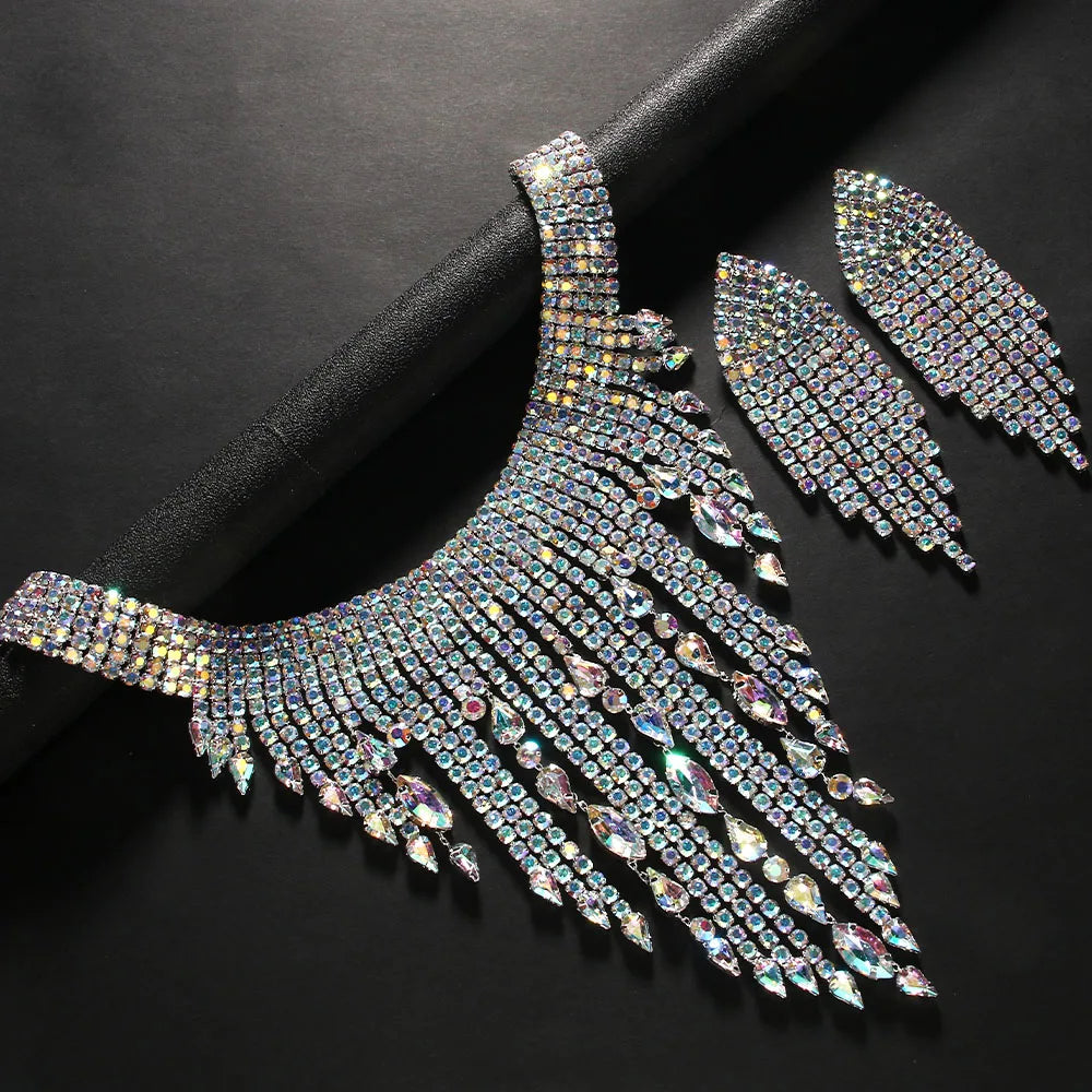 Rhinestone Fringe Earrings Choker Necklace Set