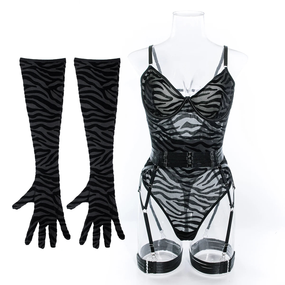 Sheer Mesh Bodysuit With Gloves  Set