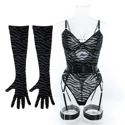 Sheer Mesh Bodysuit With Gloves  Set