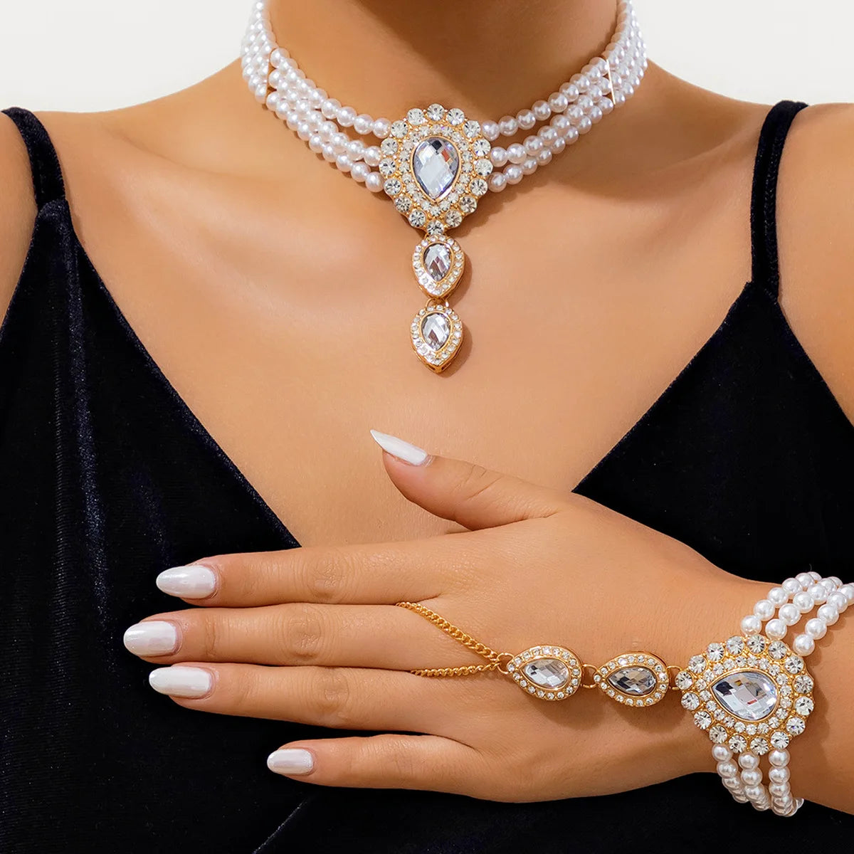 Rhinestone Pearl Necklace Bracelet Sets