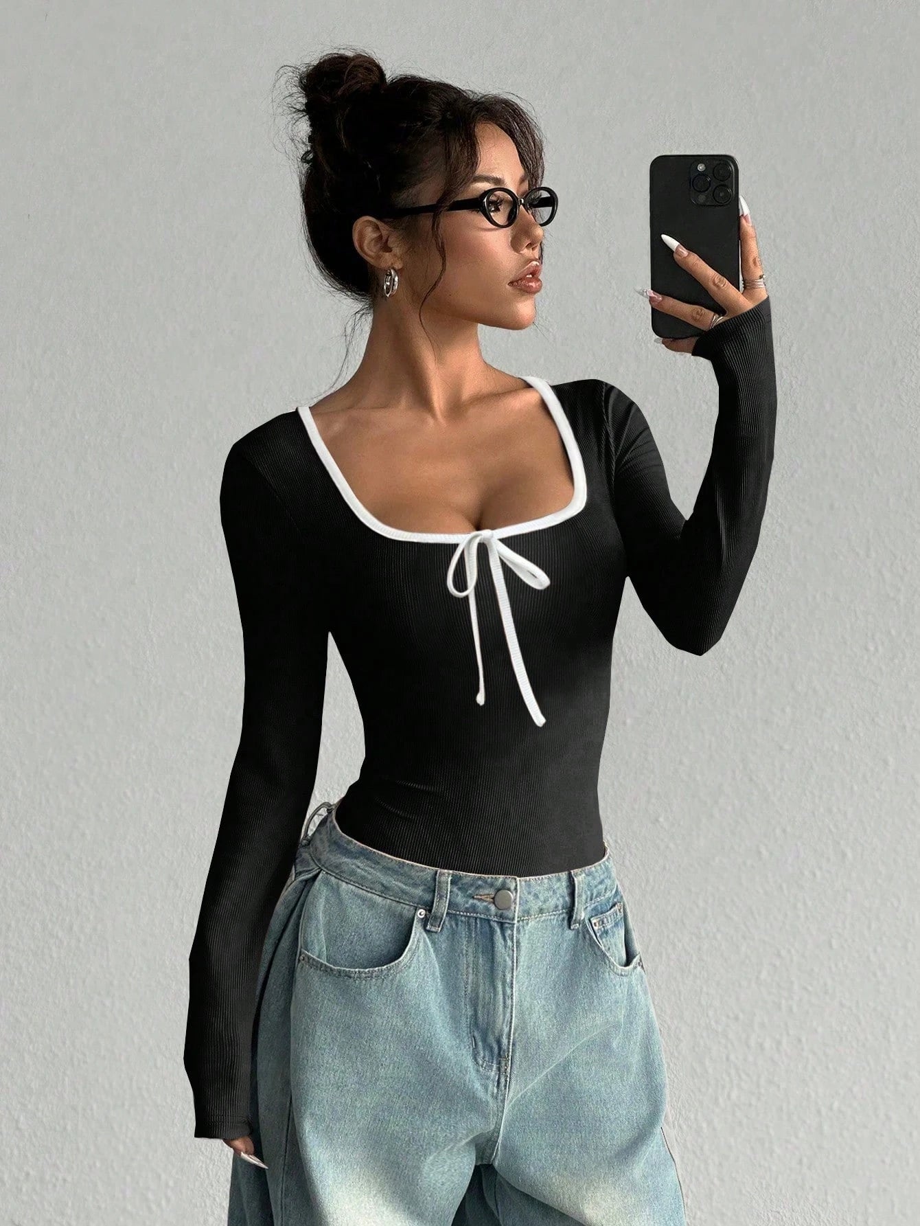 U-Neck Bow Long Sleeve Bodysuit