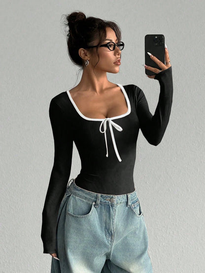 U-Neck Bow Long Sleeve Bodysuit