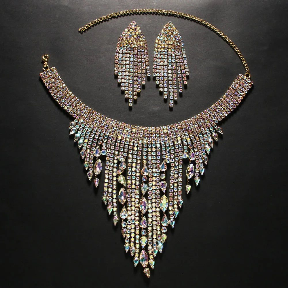 Rhinestone Fringe Earrings Choker Necklace Set