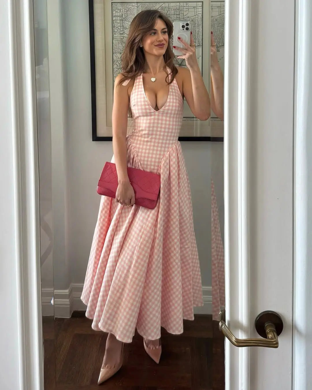 Pink Gingham Maxi Halter Dress