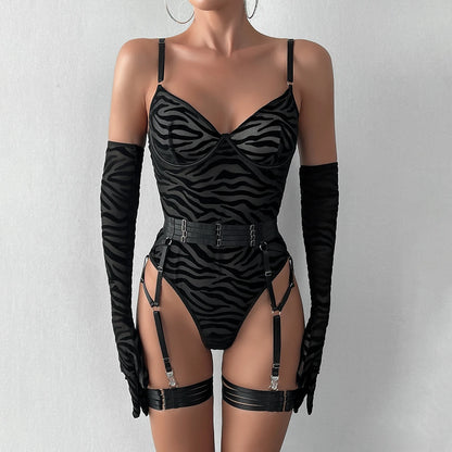 Sheer Mesh Bodysuit With Gloves  Set
