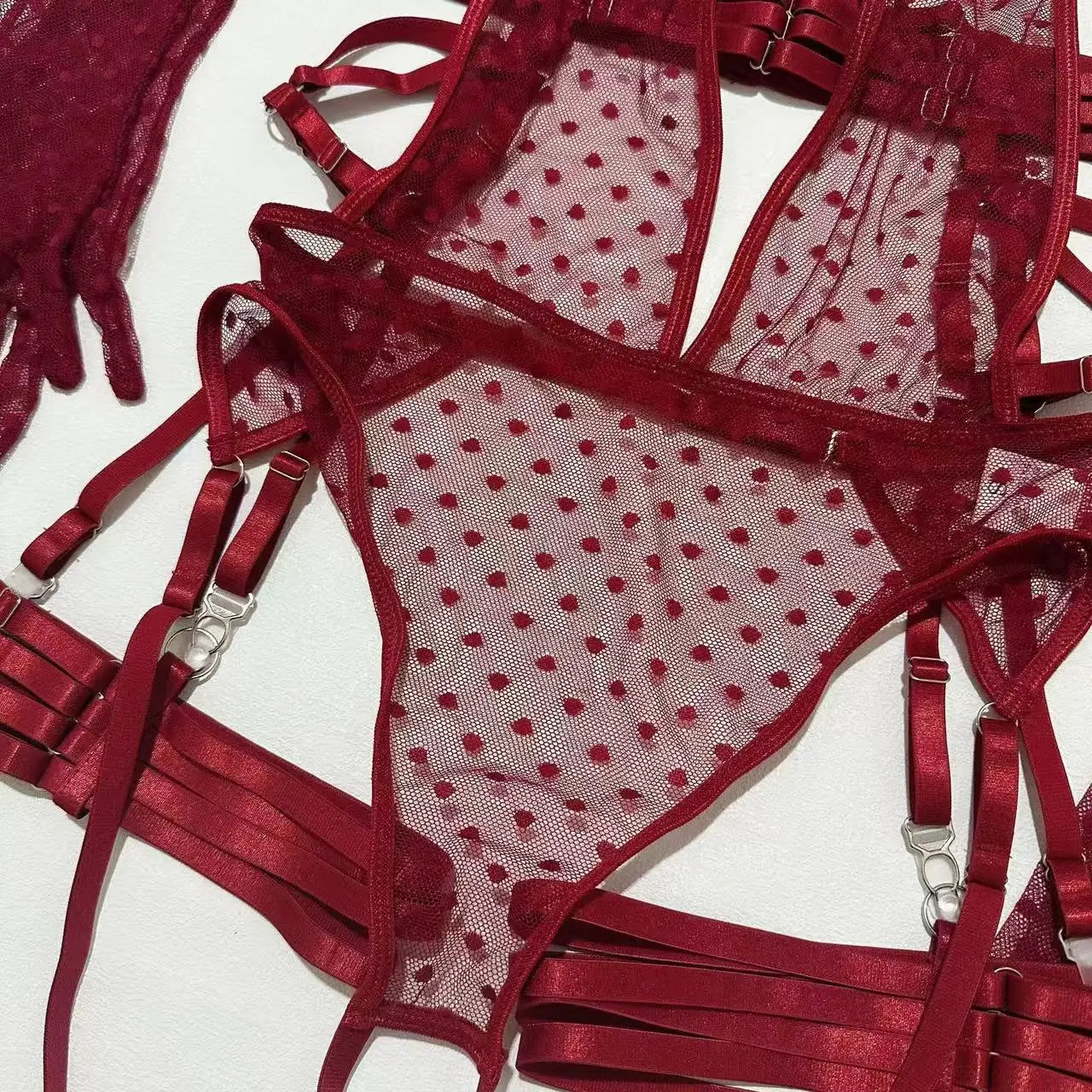 Deep V Sheer Mesh Bodysuit Set