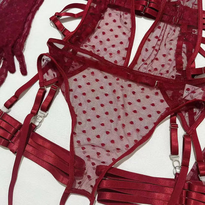 Deep V Sheer Mesh Bodysuit Set