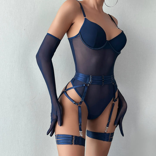 Sheer Mesh Bodysuit With Gloves  Set